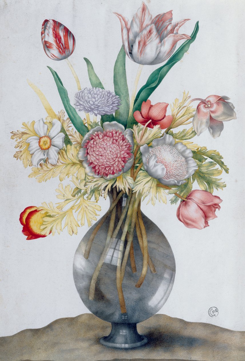 Glazen vaas met een bos bloemen door Giovanna Garzoni