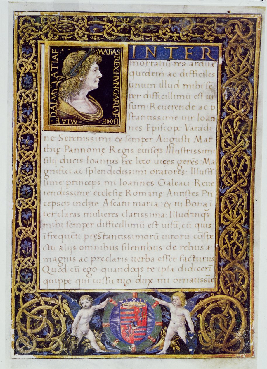 Pagina uit een codex met een portret van Matthias I (1440-90) Corvinus door Giovanni Ambrogio de Predis