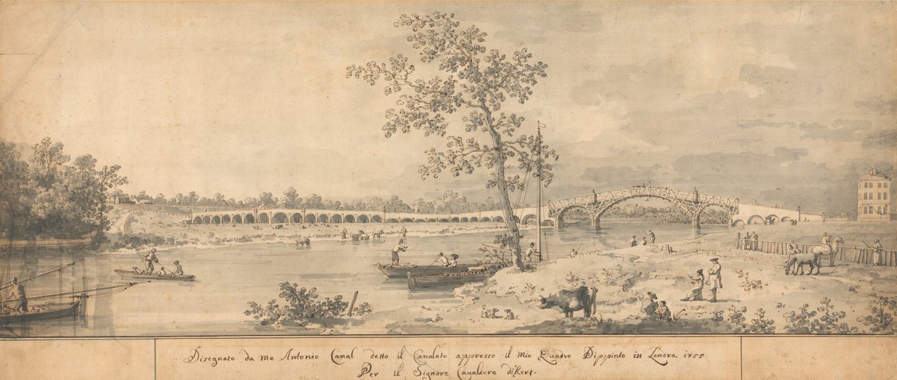 Oude Walton-brug gezien vanaf de Middlesex-oever door Giovanni Antonio Canal