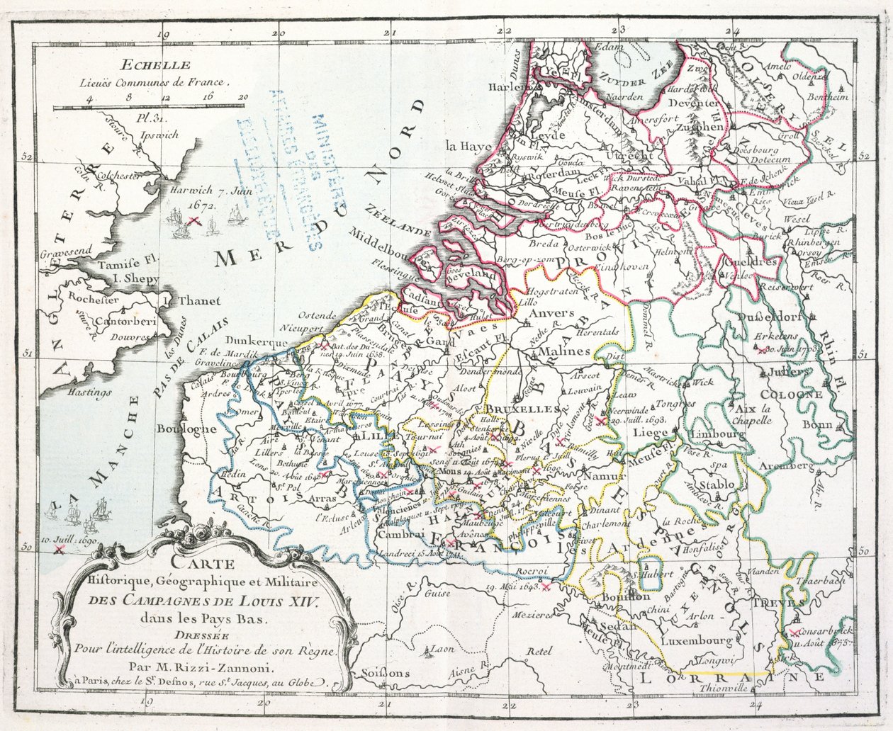Kaart met de militaire campagnes van Lodewijk XIV in de Lage Landen, uit Atlas géographique et militaire, gepubliceerd in Parijs, 1763 door Giovanni Antonio Rizzi Zannoni