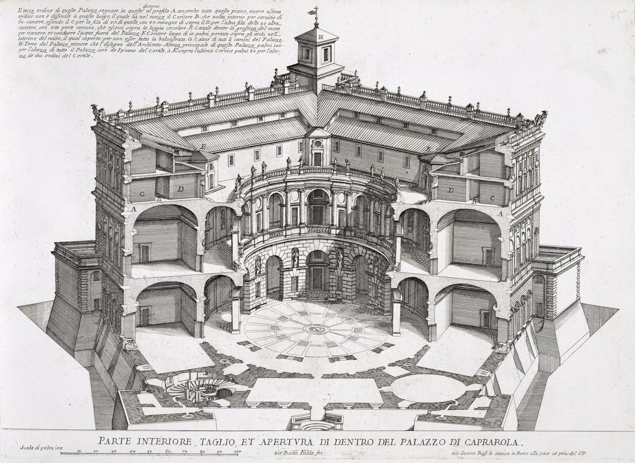 Dwarsdoorsnede van Villa Caprarola, Bagnaia door Giovanni Battista Falda