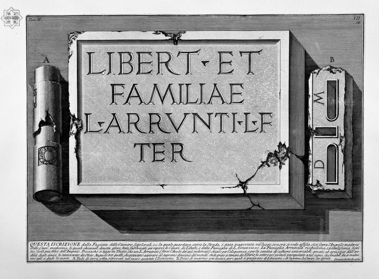 Inscriptie in het graf van de familie L. Arrunzio door Giovanni Battista Piranesi