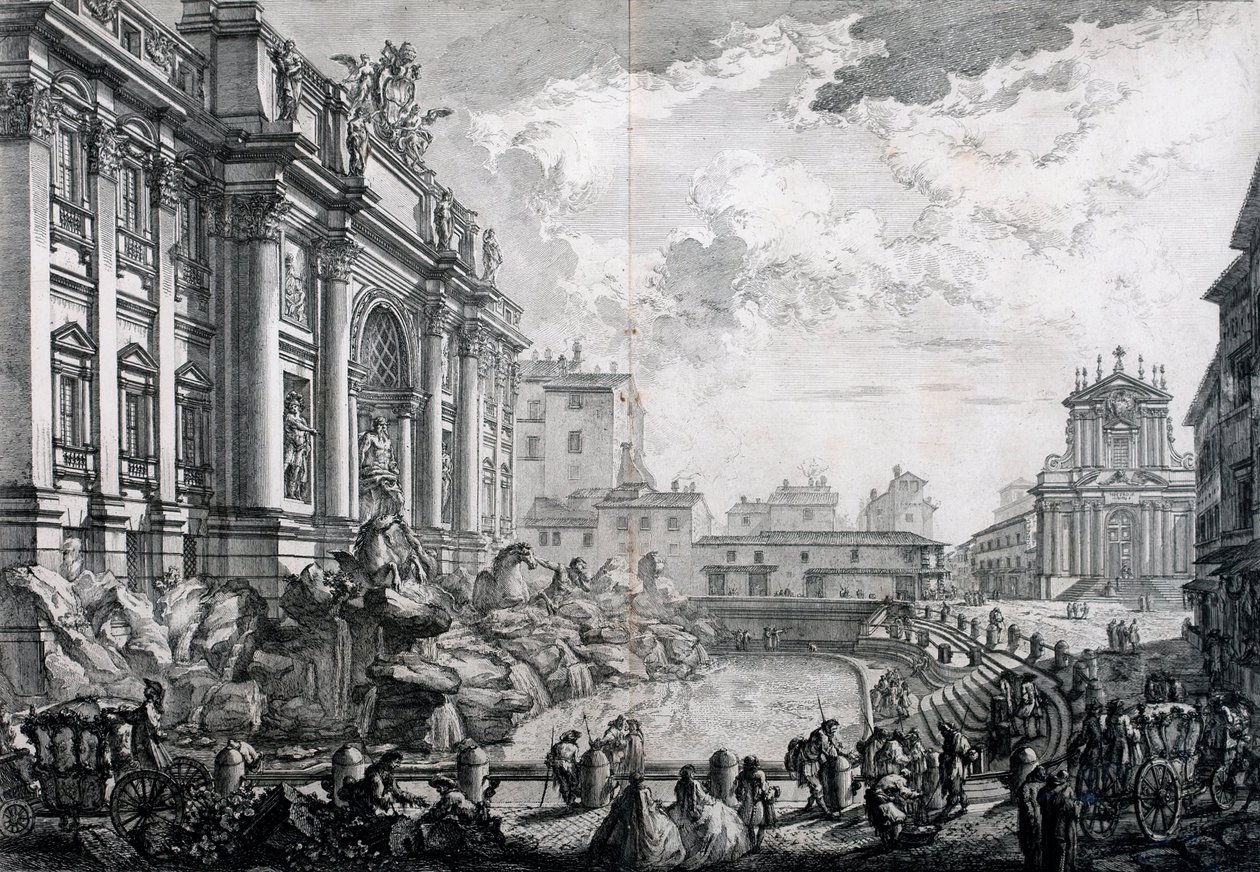 Zijaanzicht van de Trevifontein, voorheen de Acqua Vergine uit Vedute di Roma (Uitzichten van Rome) door Giovanni Battista Piranesi