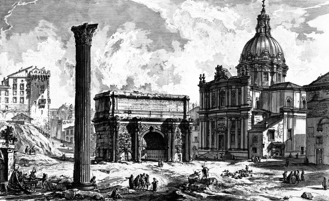 Zicht op de Boog van Septimius Severus en de Kerk van Santi Luca e Martina, uit de serie 