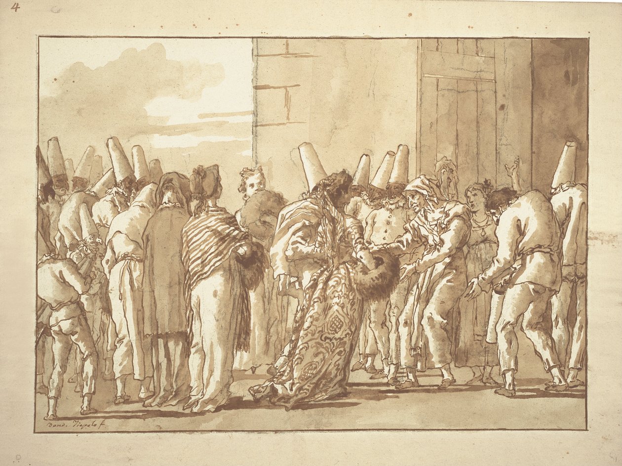 Punchinellos Vader Brengt Zijn Bruid Thuis door Giovanni-Battista Tiepolo