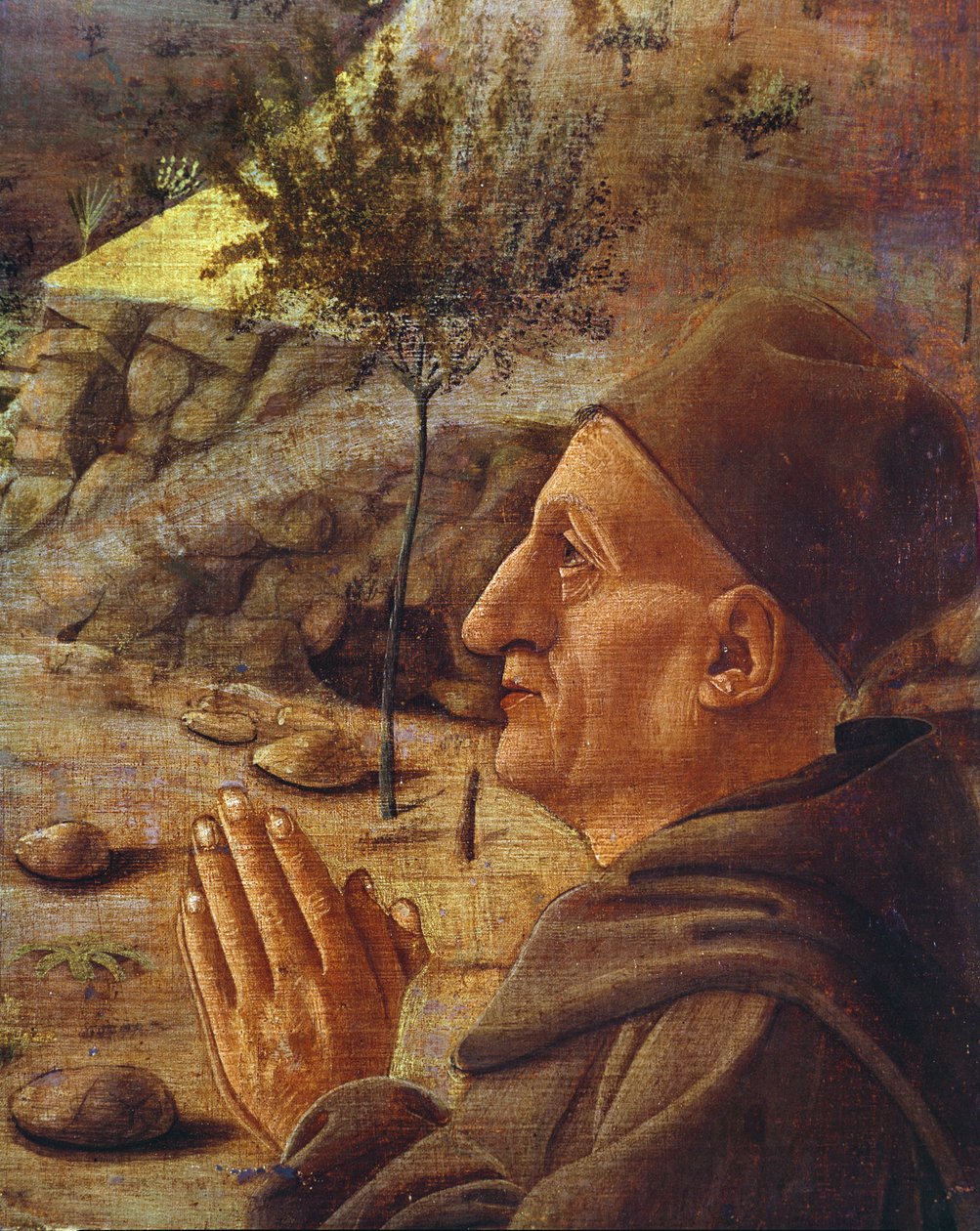 De Kruisiging (detail van het hoofd van de patroon) door Giovanni Bellini