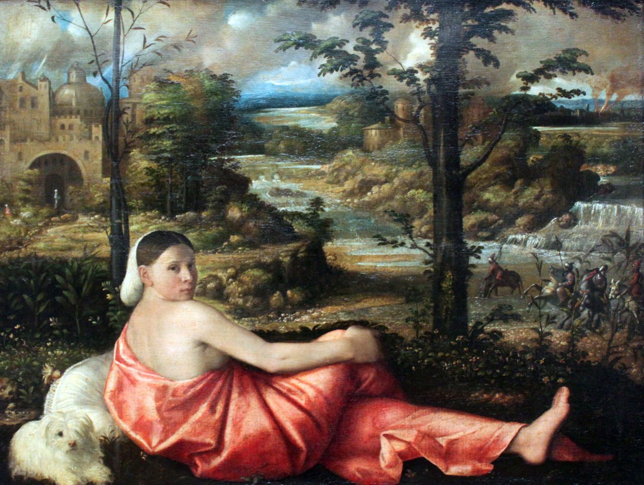 Portret van een rustende jonge vrouw in een landschap door Giovanni de Busi Cariani