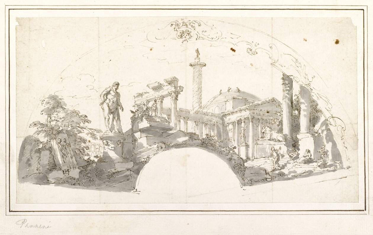 Ontwerp voor een waaier - Capriccio met Romeinse ruïnes en de Farnese Hercules door Giovanni Paolo Pannini