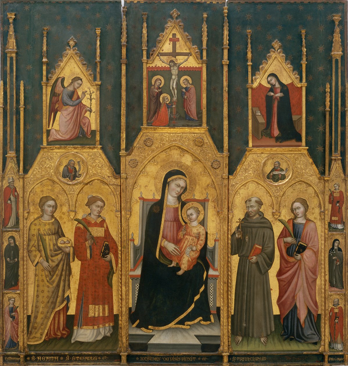 Altaarstuk van de Maagd met de heiligen Agatha, Stefanus, Franciscus en een martelaarheilige door Giovanni di Pietro da Pisa