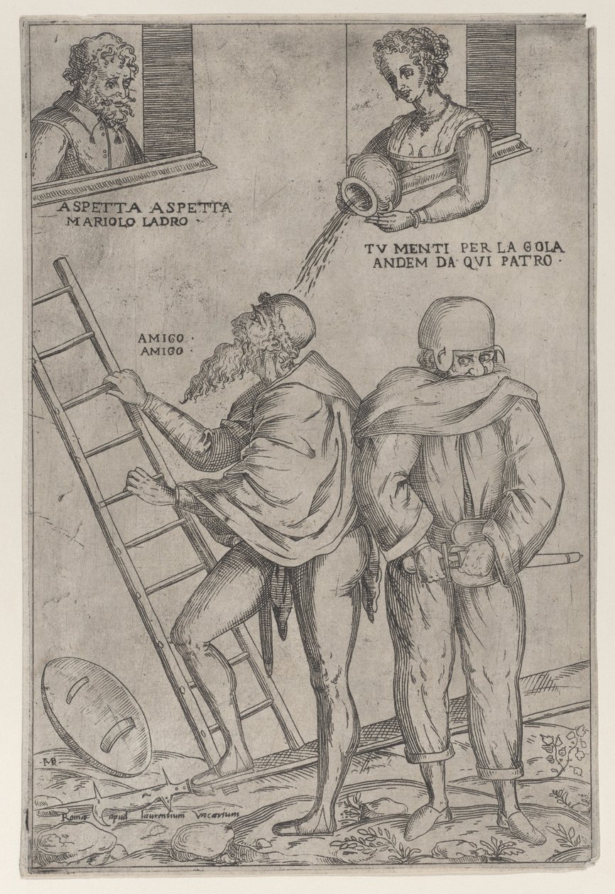 Een man klimt op een ladder terwijl een vrouw water op hem gooit van boven door Giovanni Ambrogio Brambilla