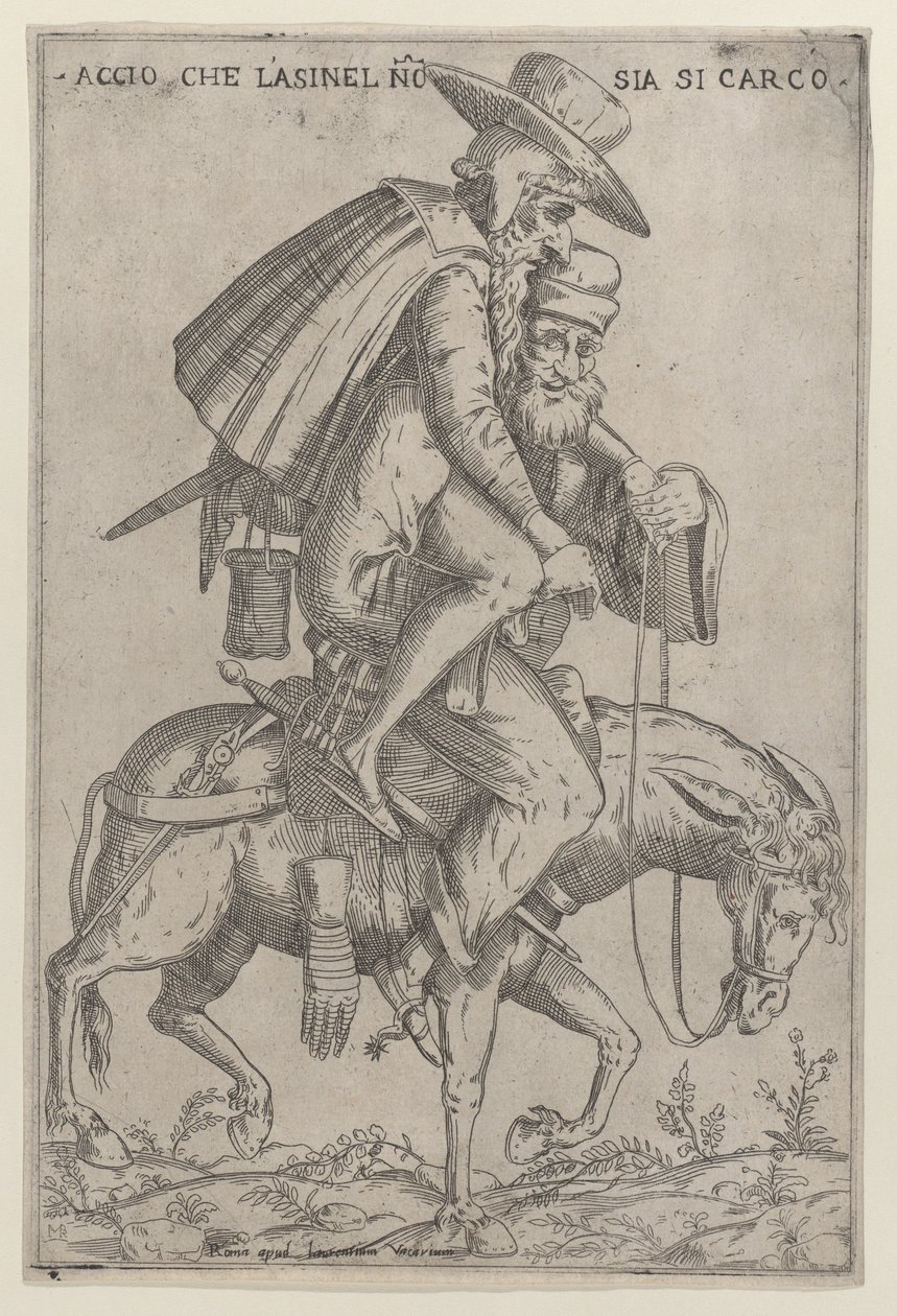 Karikatuur met twee mannen op een muilezel, 1575-99 door Giovanni Ambrogio Brambilla