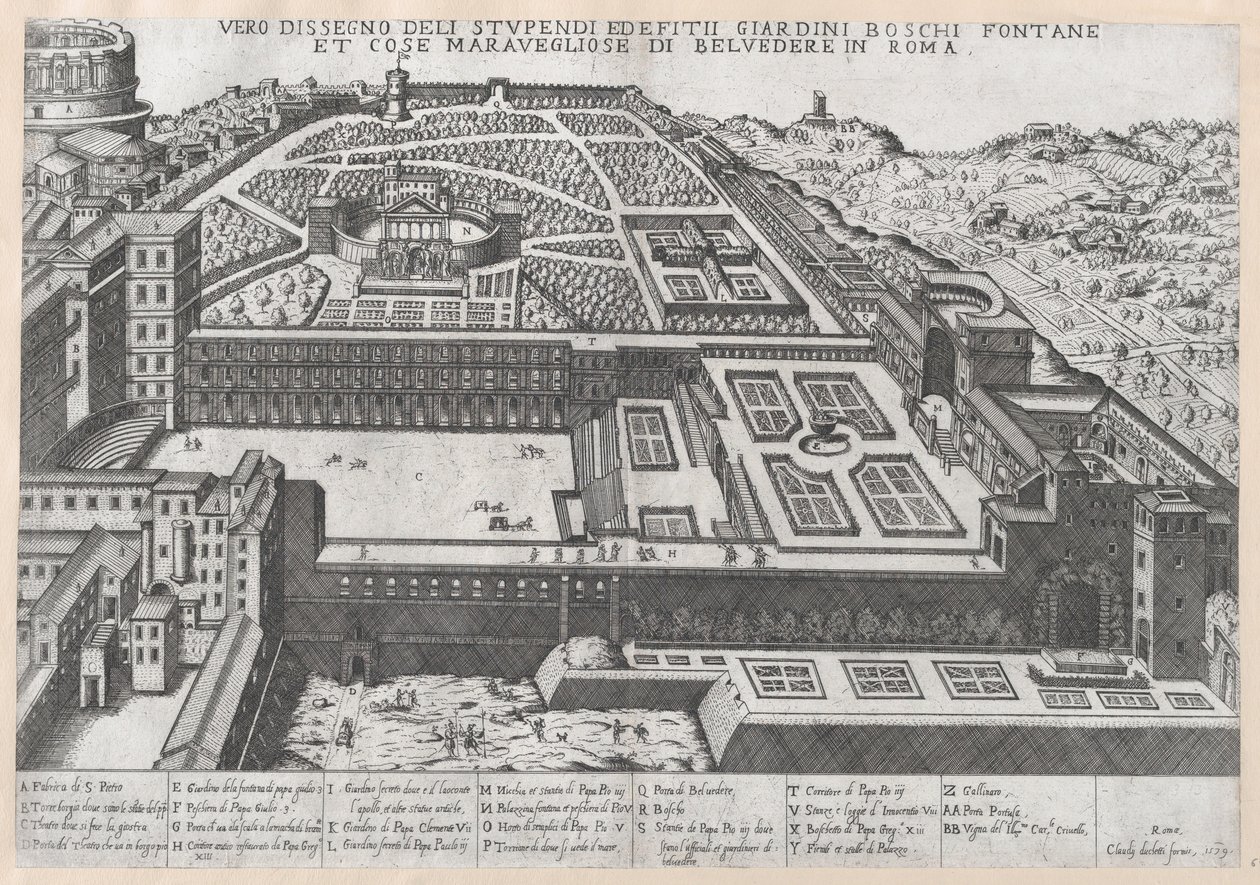 Speculum Romanae Magnificentiae: Luchtfoto van het Belvedere en zijn tuinen, 1579 door Giovanni Ambrogio Brambilla.
