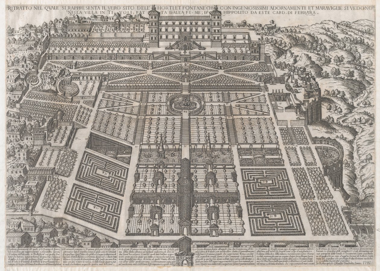 Speculum Romanae Magnificentiae: Tivoli Paleis en Tuinen, 1581 door Giovanni Ambrogio Brambilla.