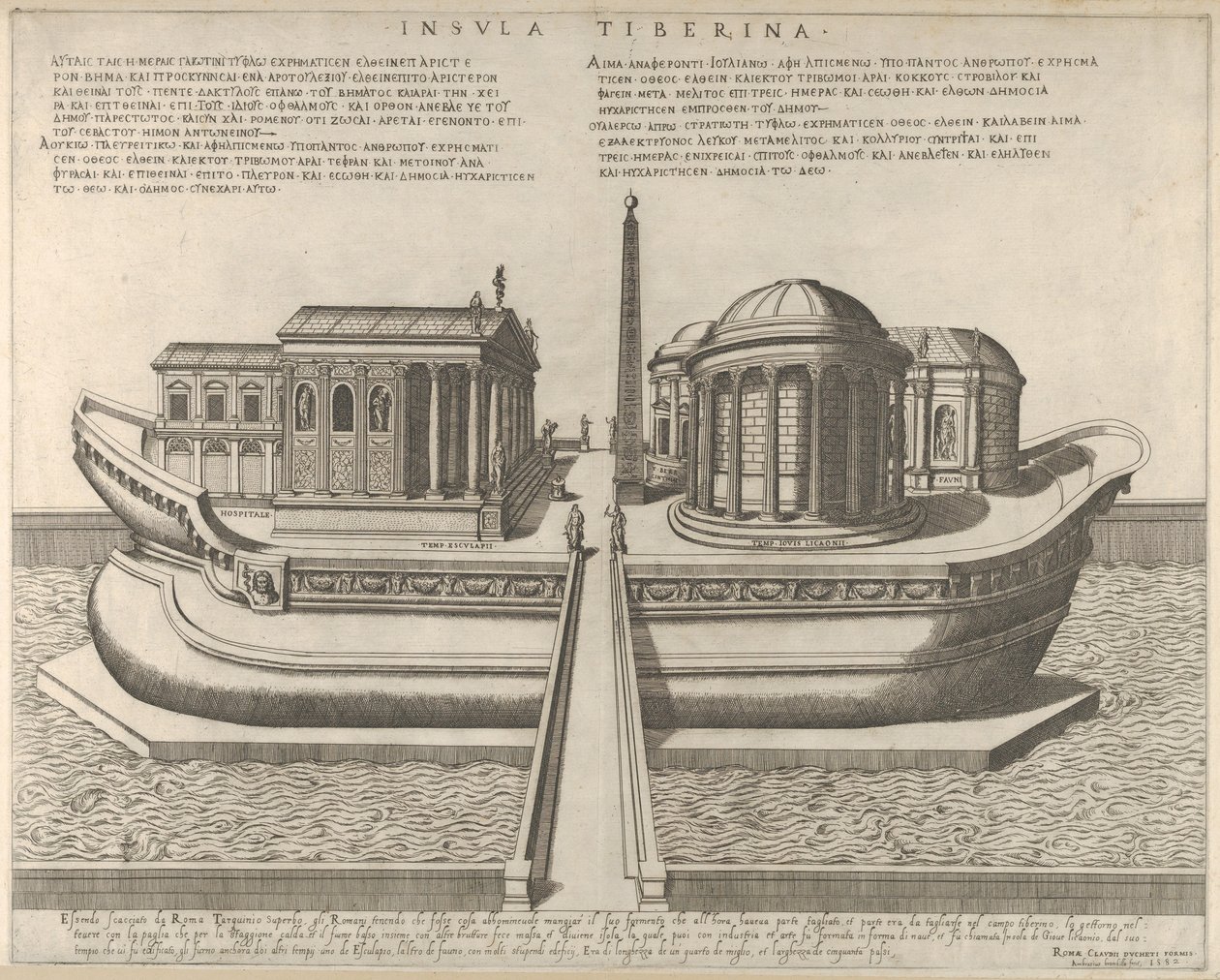 Uitzicht op het Tiber-eiland voorgesteld als een schip, de Tempel van Aesculapius links door Giovanni Ambrogio Brambilla