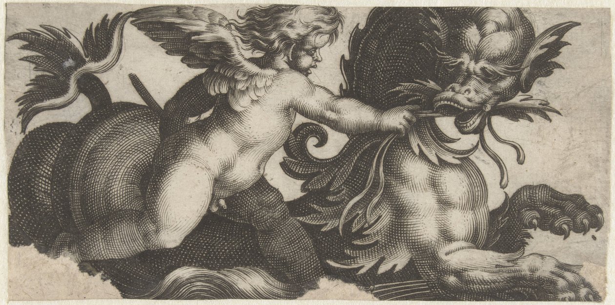 Putto voert een zeemonster een blad door Giovanni Andrea Maglioli