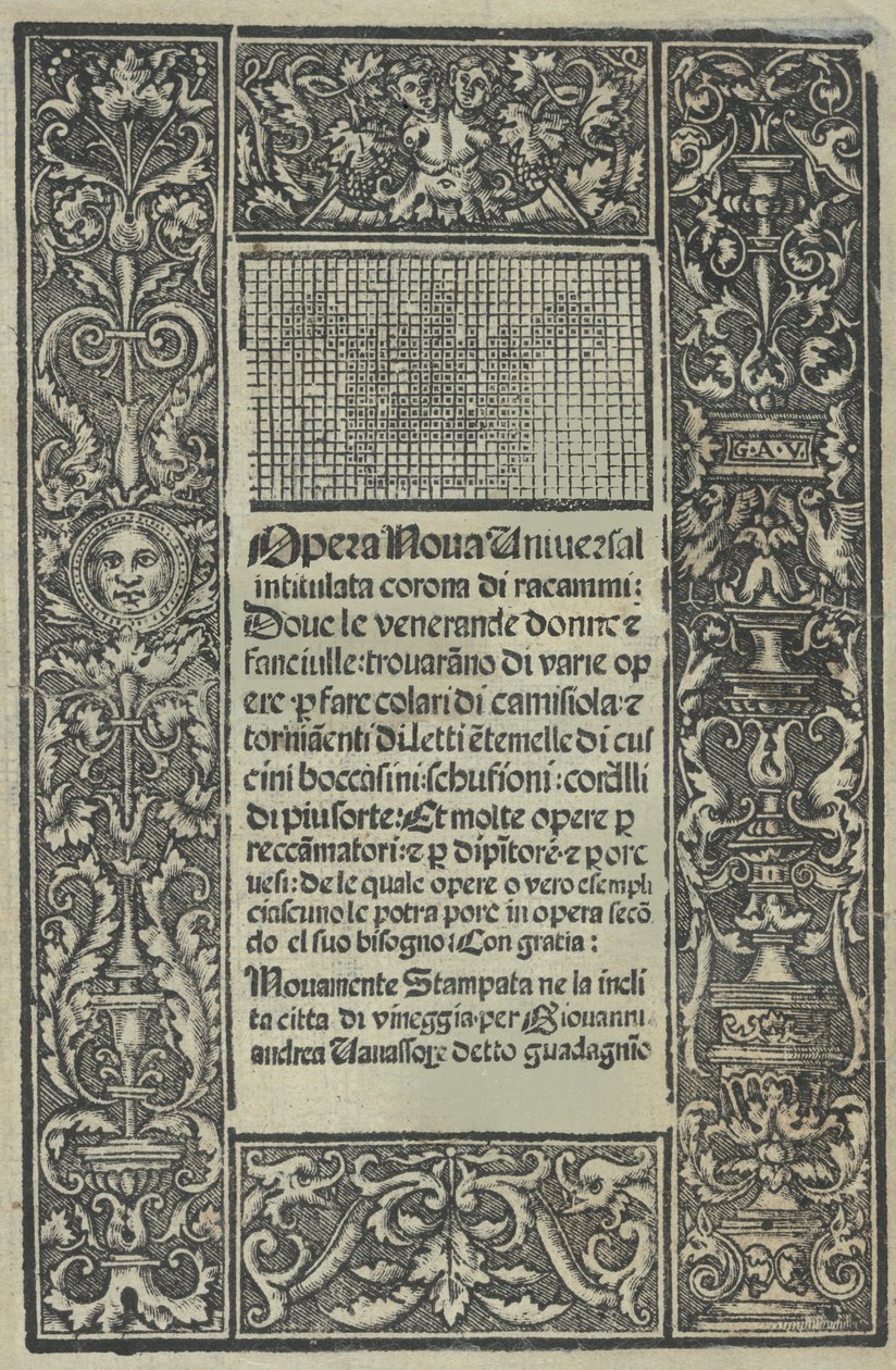 Opera Nova Universali intitulata Corona di racammi, titelpagina recto, [1530] door Giovanni Andrea Vavassore