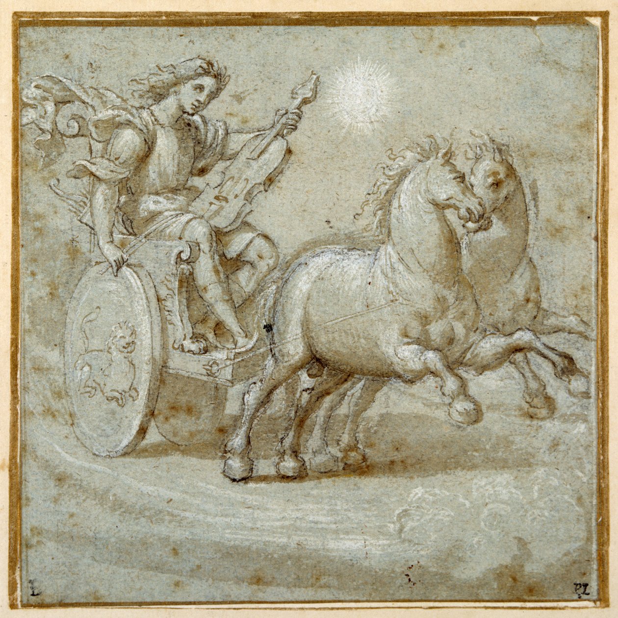 Apollo zittend in zijn wagen met zijn viool door Giovanni Antonio (circle of) Pordenone