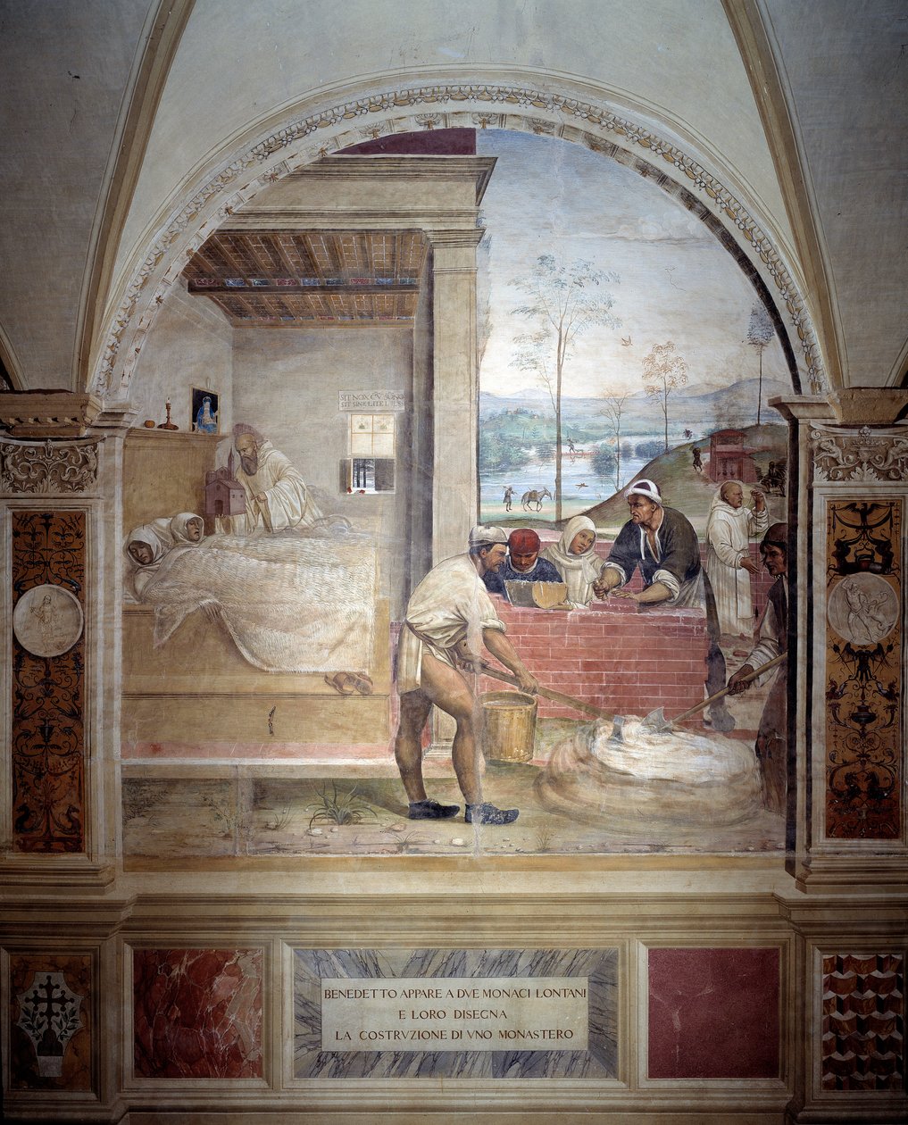 Benedictus verschijnt aan twee monniken en presenteert hen het project van een klooster (fresco) door Giovanni Antonio Bazzi Sodoma