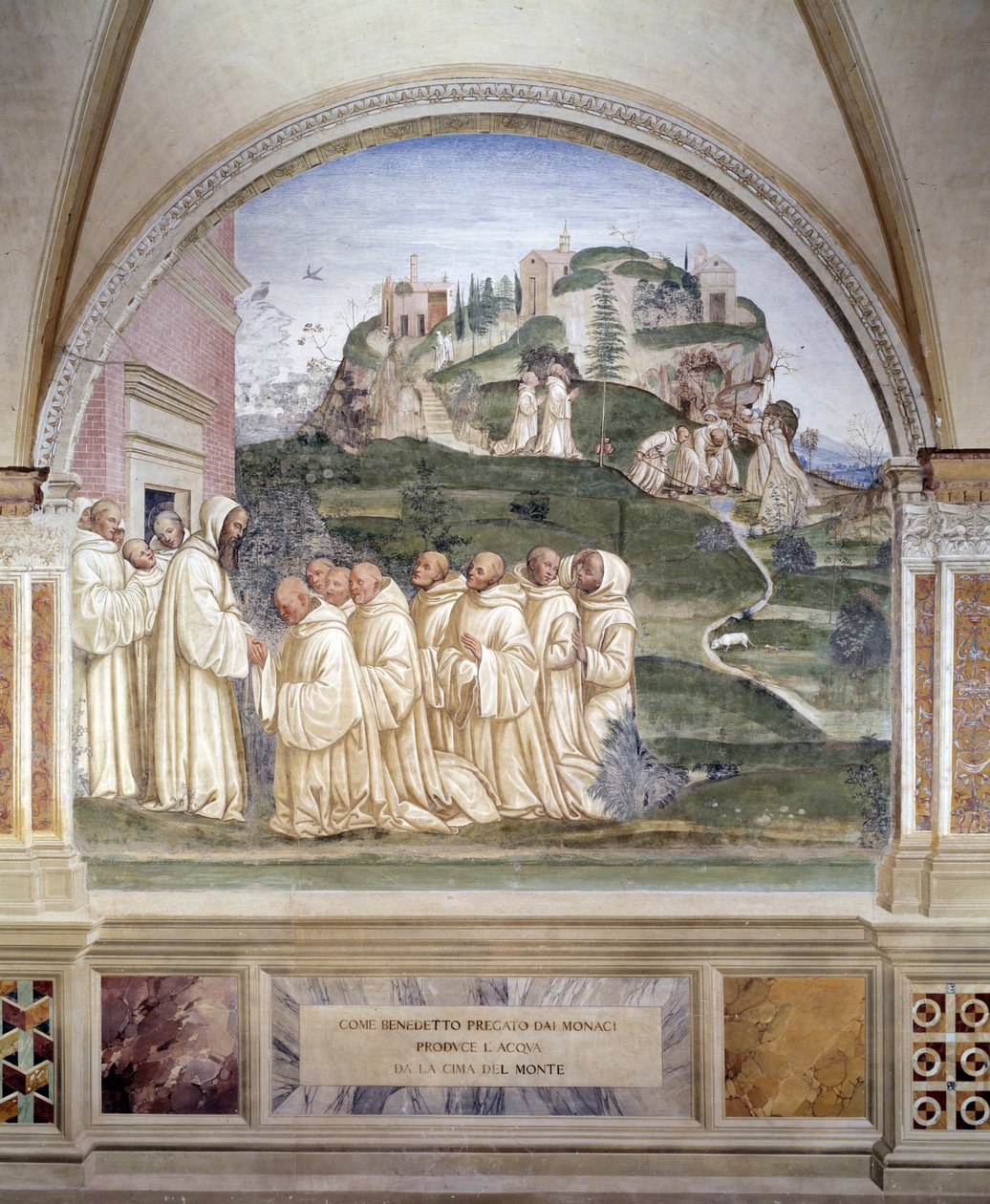 Benedictus laat een bron ontspringen op de top van de berg (fresco) door Giovanni Antonio Bazzi Sodoma