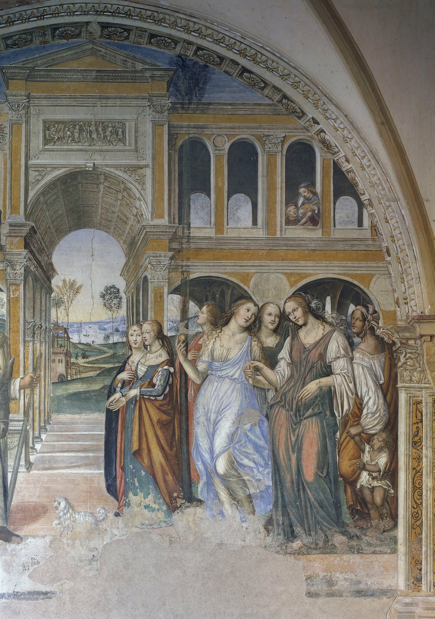 Florentius stuurt de prostituees naar het klooster, scène uit het leven van St. Benedictus door Giovanni Antonio Bazzi Sodoma