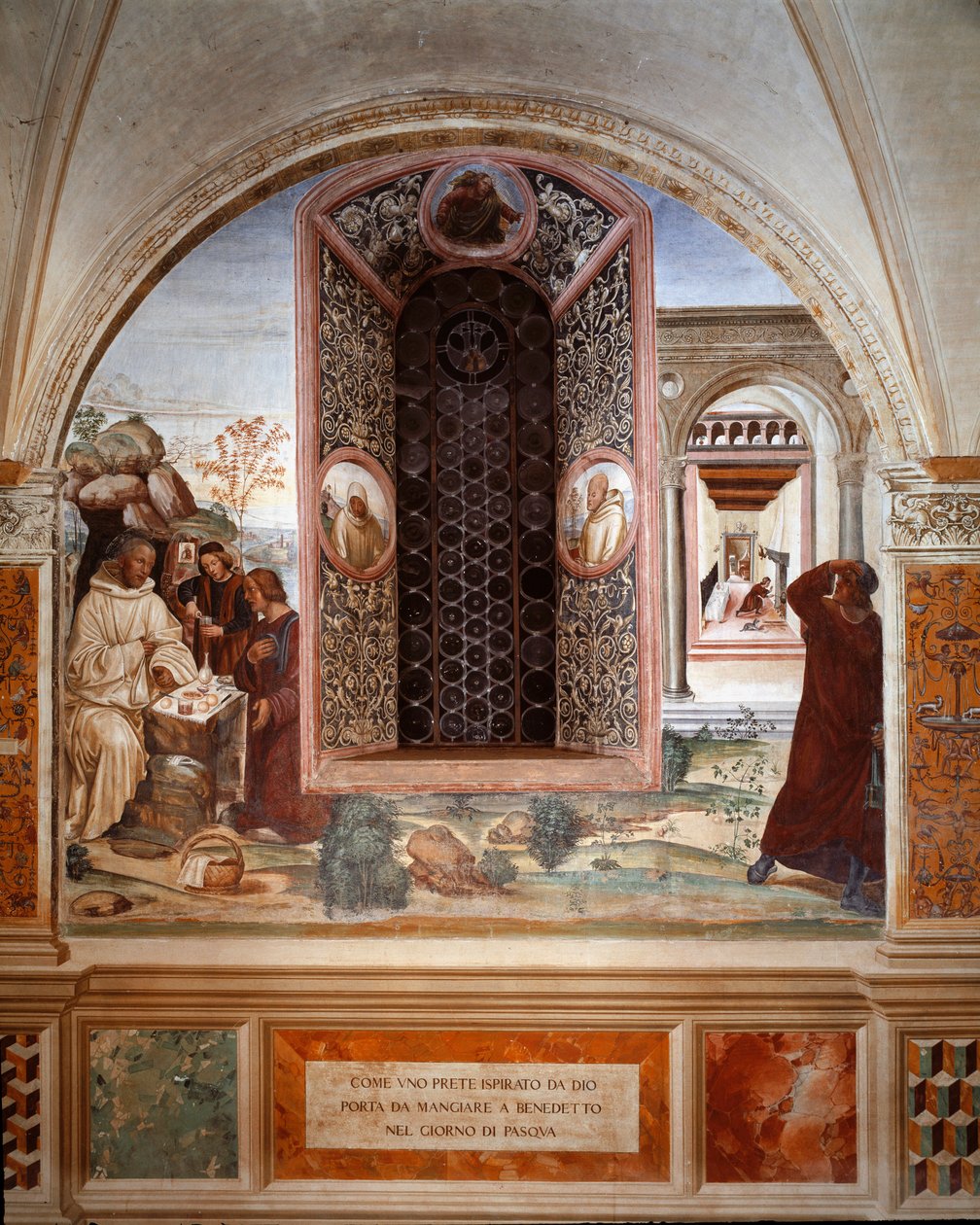 Hoe een priester voedsel bracht naar Benedictus met Pasen (fresco) door Giovanni Antonio Bazzi Sodoma