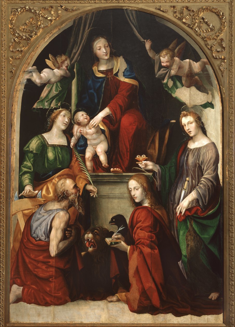 Madonna en Kind en Engelen tussen de heiligen Hiëronymus, Catharina van Alexandrië, Lucia en Johannes de Evangelist door Giovanni Antonio Bazzi Sodoma