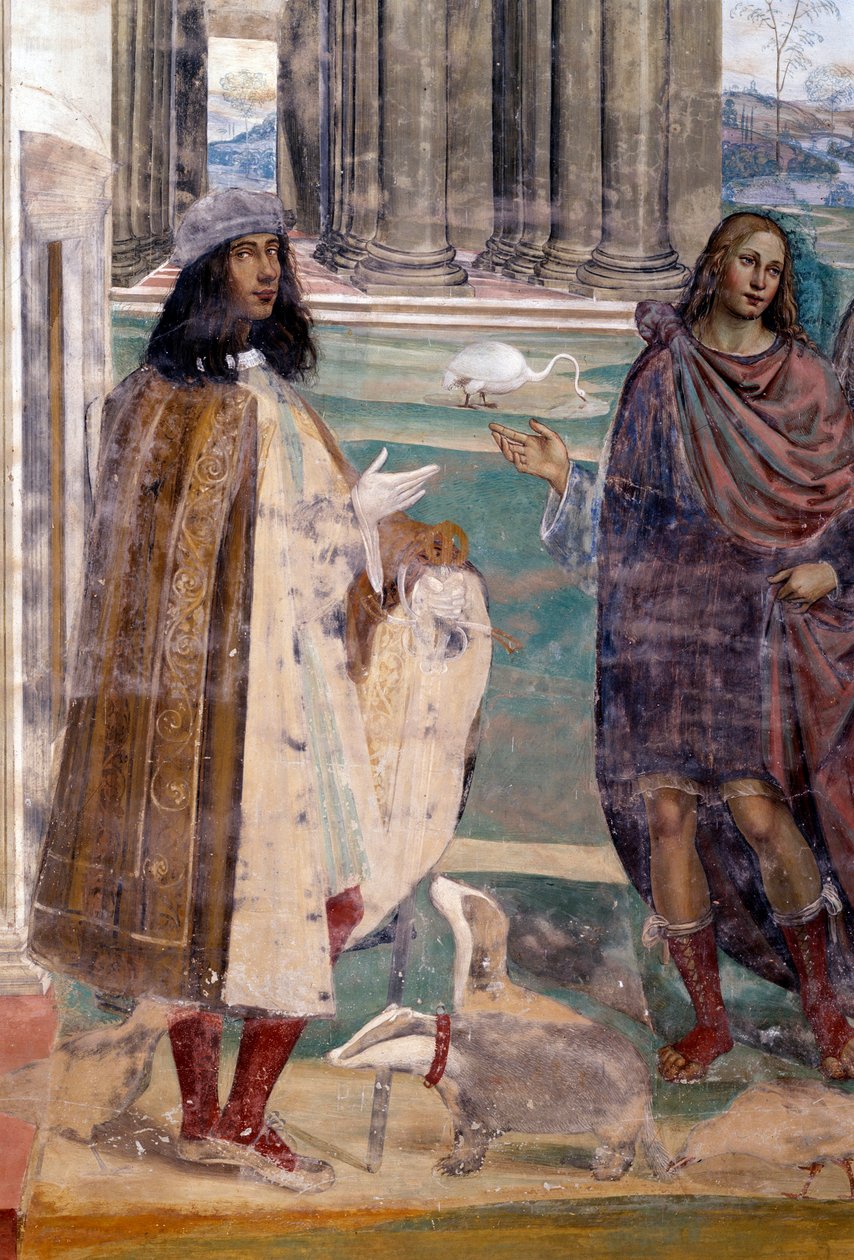 Sint Benedictus repareert een gebroken zeef (zelfportret van de kunstenaar) (detail) door Giovanni Antonio Bazzi Sodoma