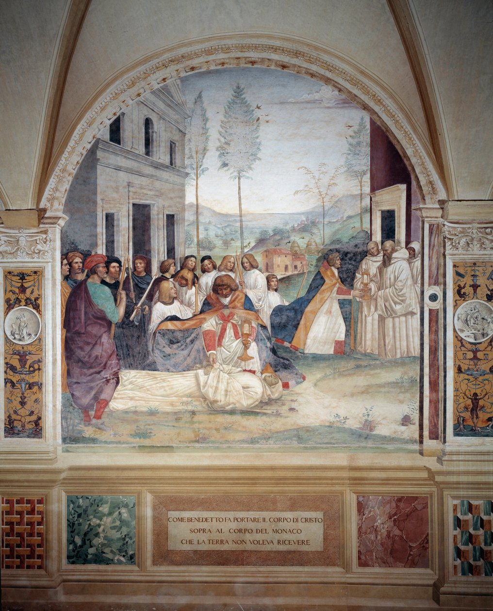 St. Benedictus draagt het lichaam van Christus op het lichaam van de monnik die de aarde weigert te begraven (fresco) door Giovanni Antonio Bazzi Sodoma