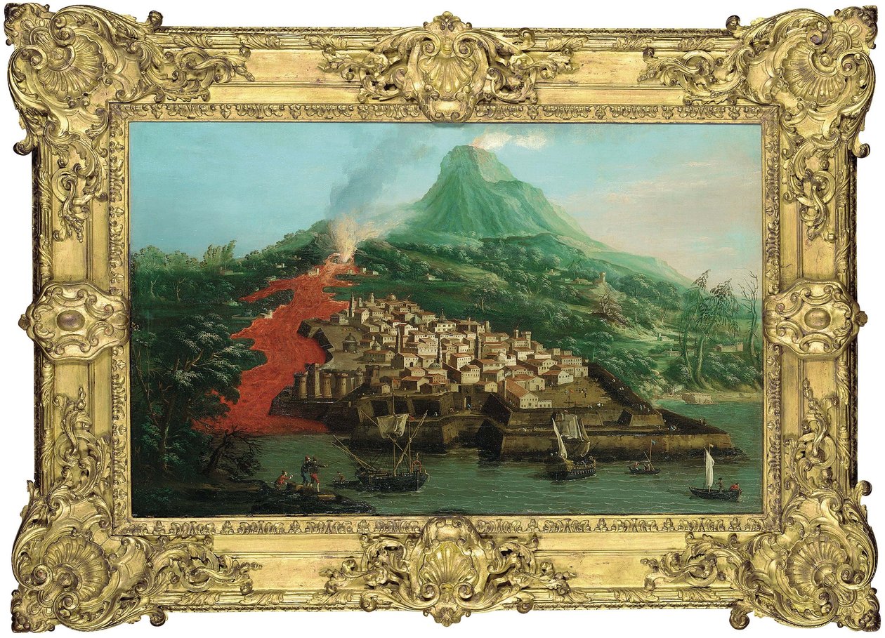 Een vulkanisch eiland met een haven en schepen door Giovanni Antonio Canal