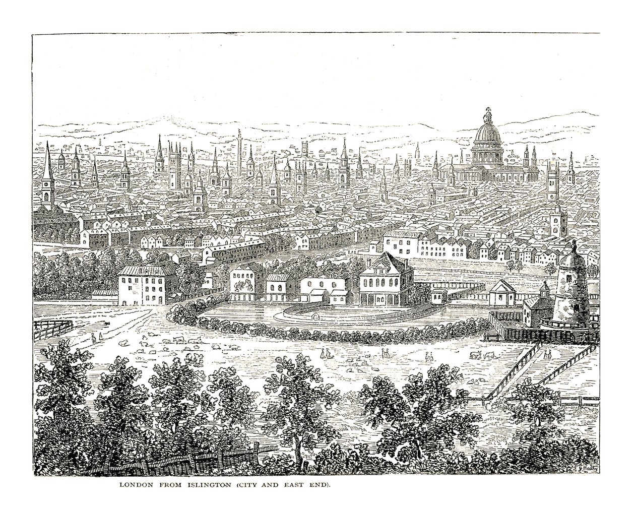Londen vanuit Islington City en East End. Naar een uitzicht van Canaletti, gepubliceerd 1753 door Giovanni Antonio Canal