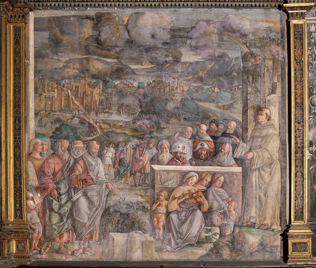 Sint Antonius arriveert in Padua, waar hij vrede herstelt tussen de burgers met de kracht en zoetheid van zijn prediking, School van de Heilige door Giovanni Antonio Corona
