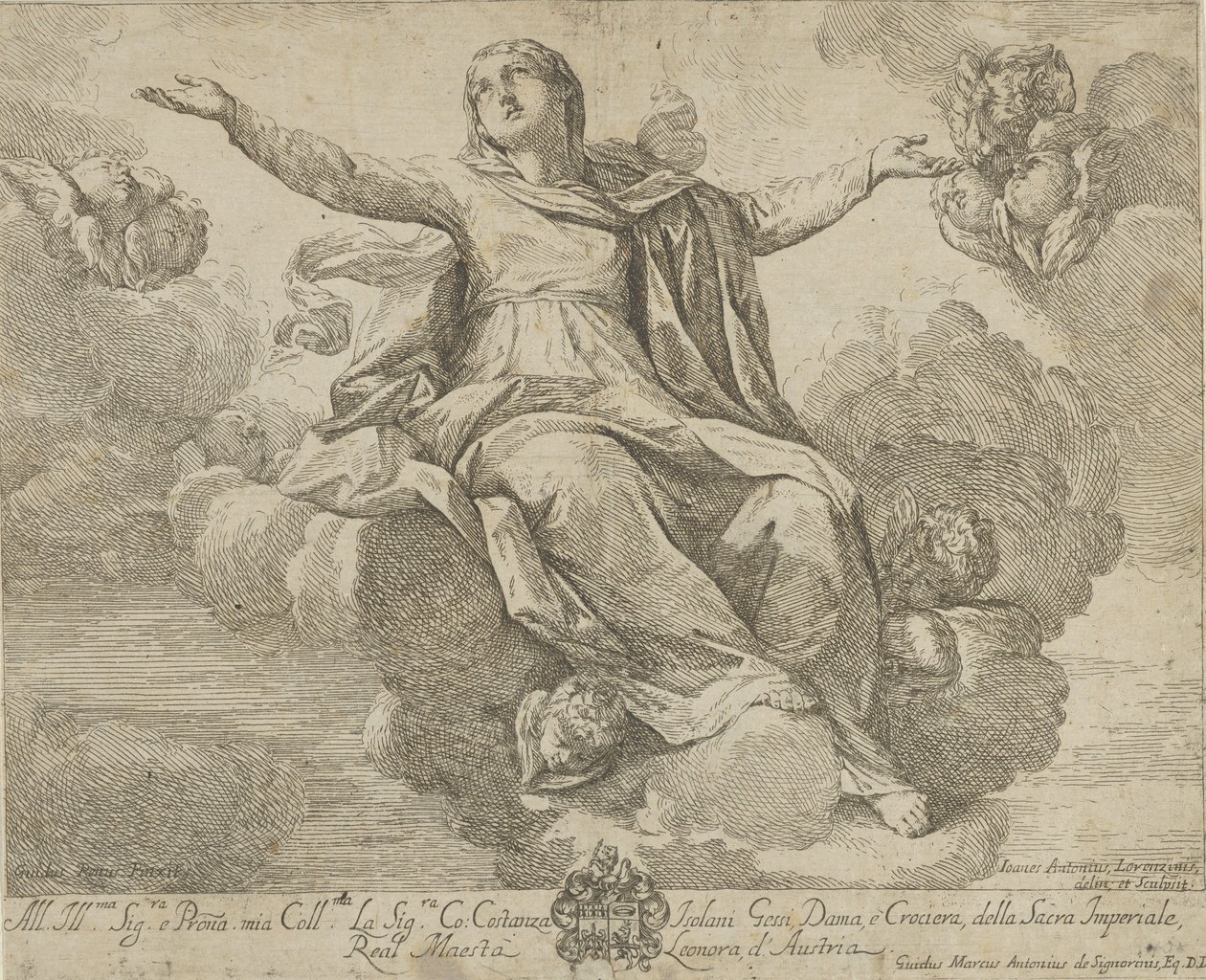 De tenhemelopneming van de Maagd, die in de wolken zit met uitgestrekte armen door Giovanni Antonio Lorenzini