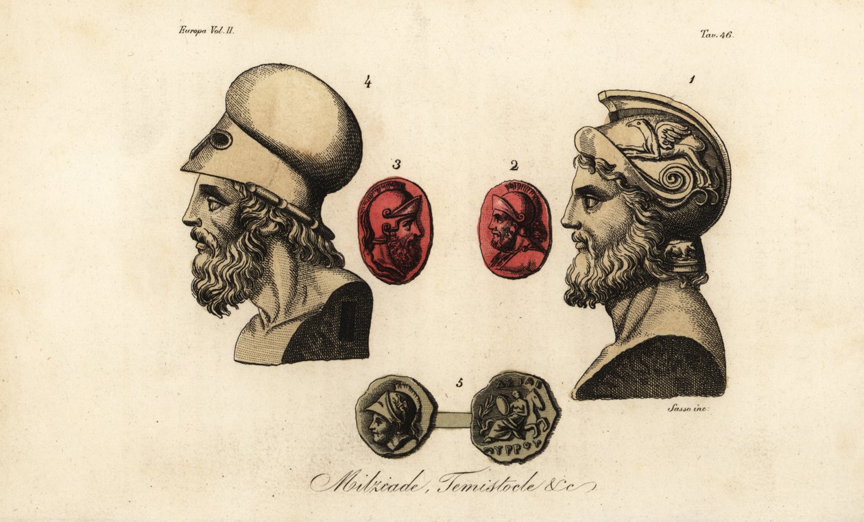 Bustes en edelstenen van Atheense politici Miltiades de Jongere 1,2, Themistocles 3,4, en Koning Pyrrhus I 5 door Giovanni Antonio Sasso