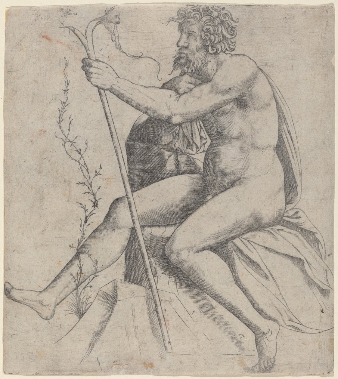 Man Zittend met een Vorkachtige Staf door Giovanni Antonio da Brescia