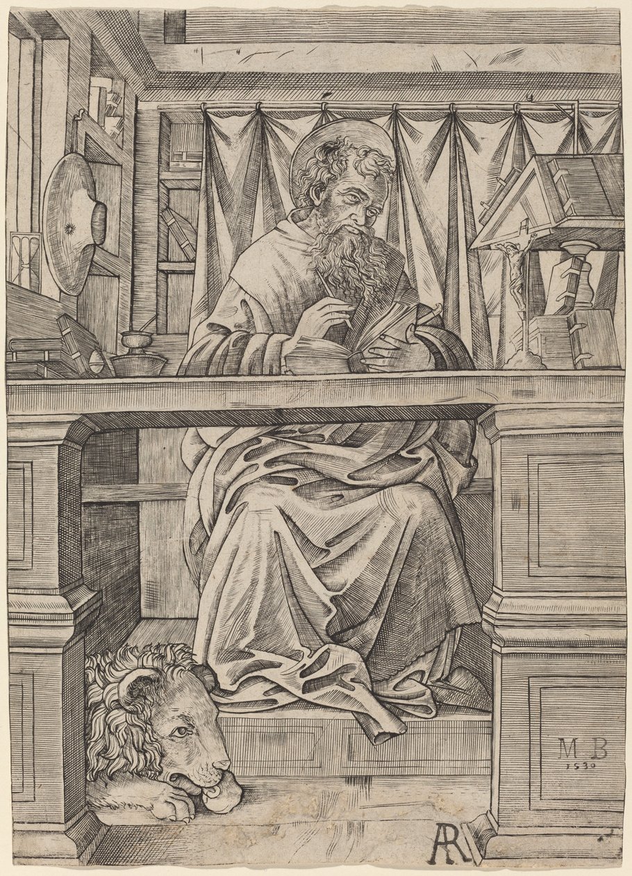 Sint Hiëronymus in zijn studeerkamer door Giovanni Antonio da Brescia