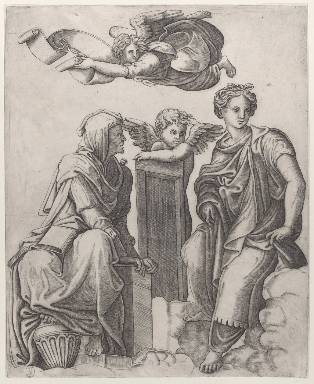 Twee vrouwelijke figuren zittend in de wolken naast een engel en een andere vliegend boven door Giovanni Antonio da Brescia