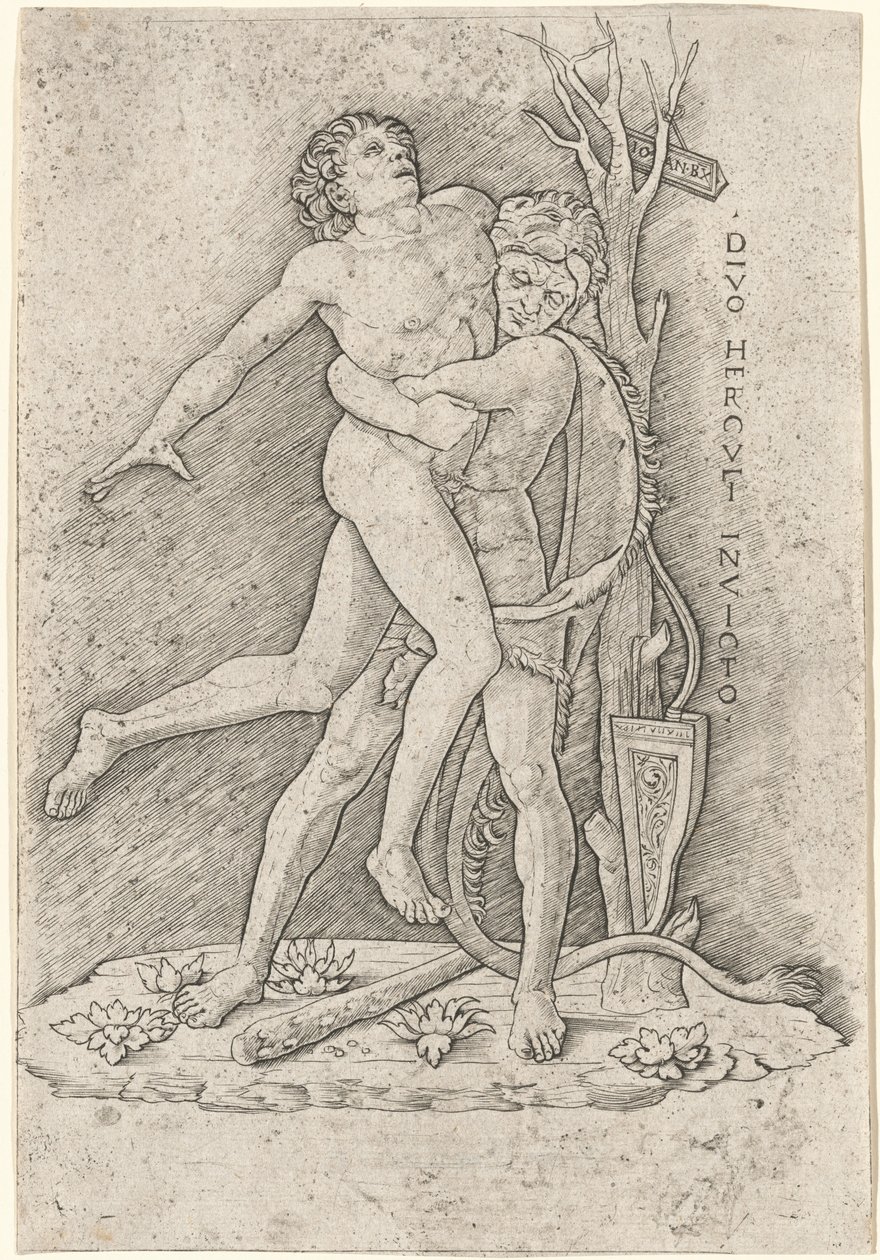Hercules en Antaeus door Giovanni Antonio da Brescia, after Andrea Mantegna