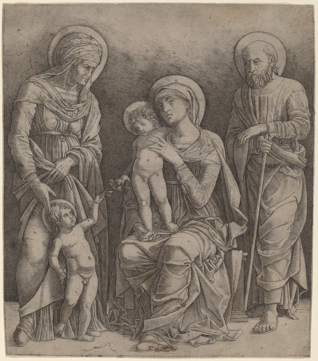 Heilige Familie met Sint Elizabeth en de Jonge Sint Johannes door Giovanni Antonio da Brescia, after Andrea Mantegna