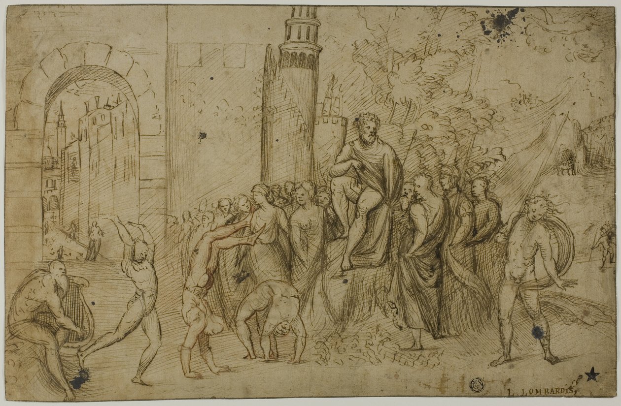 Acrobaten voor een liniaal (recto); Buitenopname met groep figuren (verso) door Giovanni Antonio da Pordenone