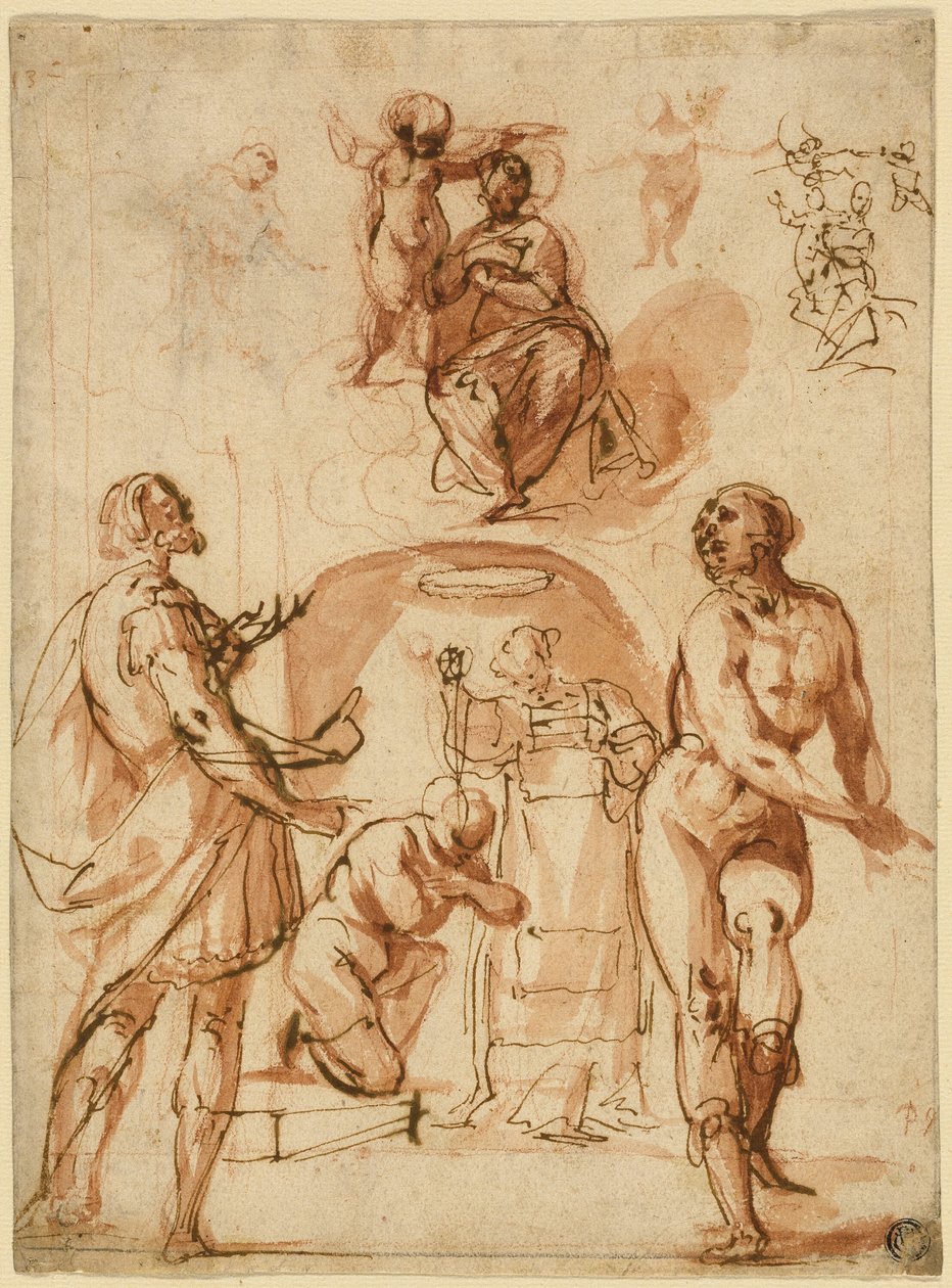 Schetsen: Maagd en Kind; Maagd en Kind met Twee Heiligen; Heilige die Knielende Figuur Doopt door Giovanni Baglione