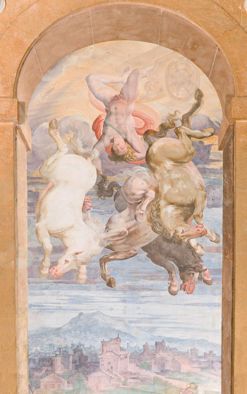 De wagen van de zon bestuurd door Apollo duikt naar de aarde, oostelijke muur van Apollo Loggia door Giovanni Battista and Cambiaso Luca Castello