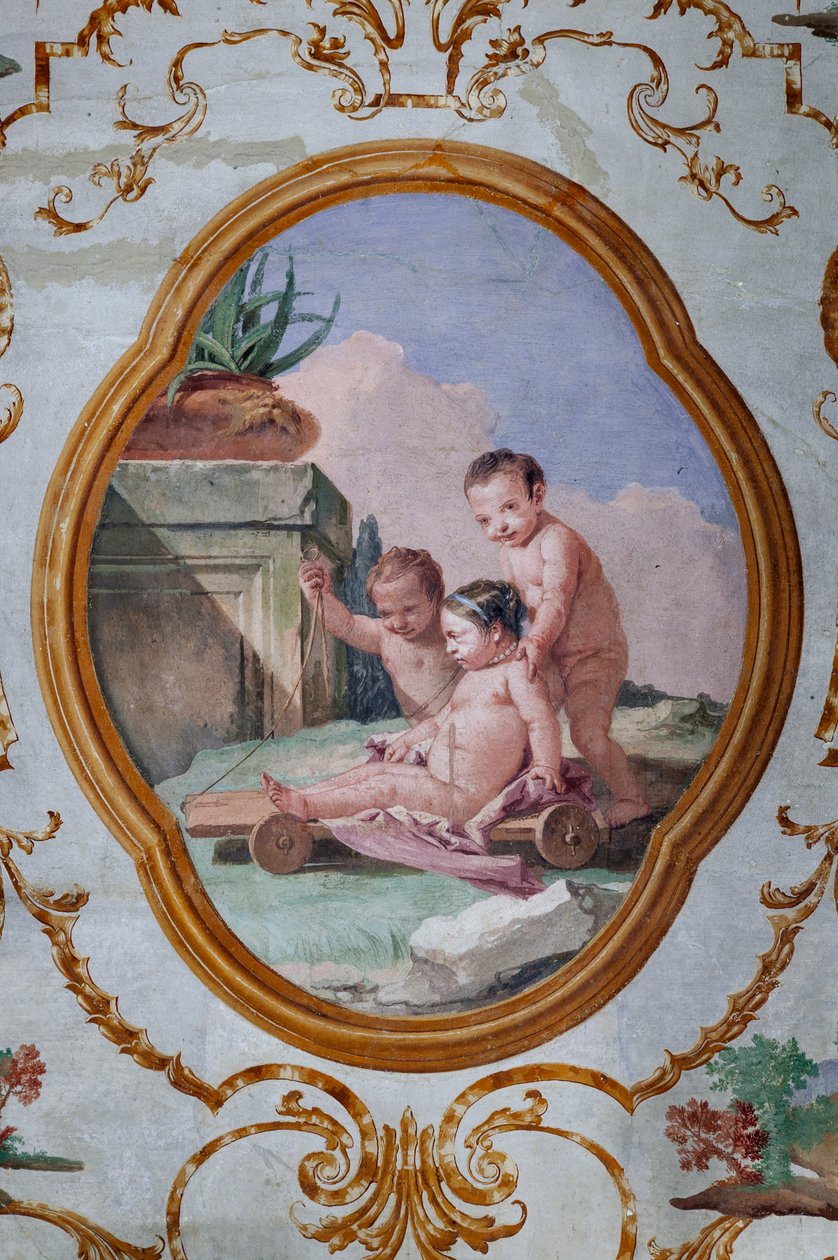 Gastverblijven, de Kamer van de Putti, medaillon met putti: "Drie putti en een kar" door Giovanni Battista Tiepolo