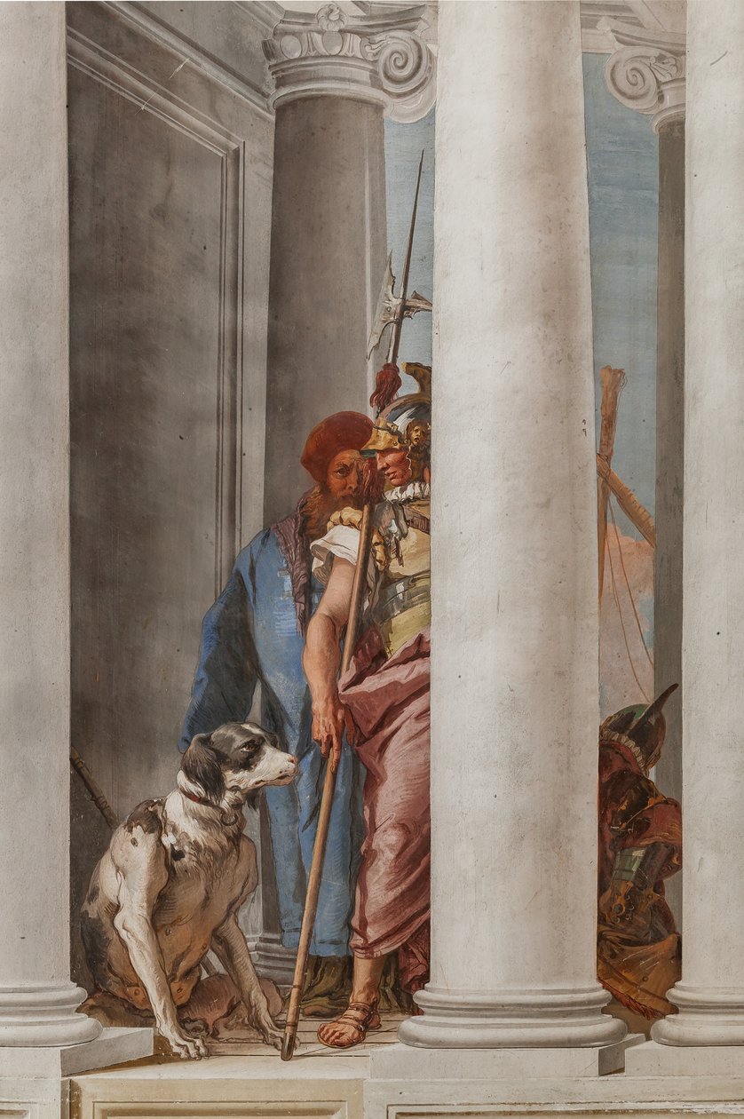 Palazzina, de ingangshal: "De Griekse vloot in Aulis", detail van een hond en een soldaat door Giovanni Battista Tiepolo