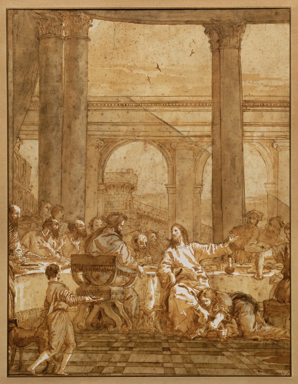 De maaltijd in het huis van de Farizeeër Simon, met de zondares die de voeten van Christus wast met haar tranen en ze afdroogt met haar haar door Giovanni Battista (1696-1770) Tiepolo