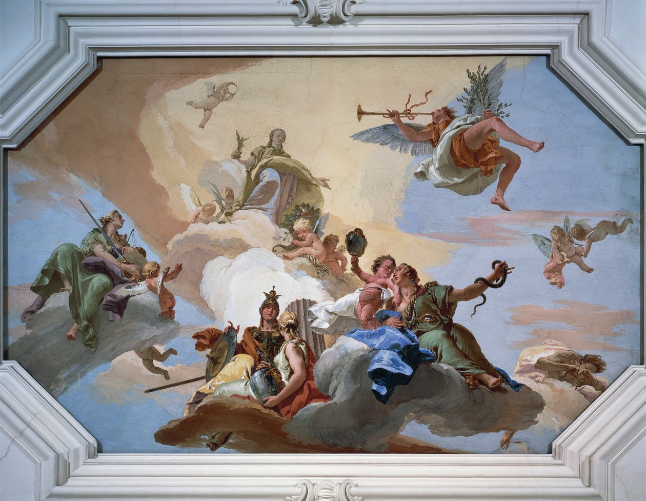 Triomf van Glorie aangekondigd door Faam tussen de Kardinale Deugden door Giovanni Battista Tiepolo
