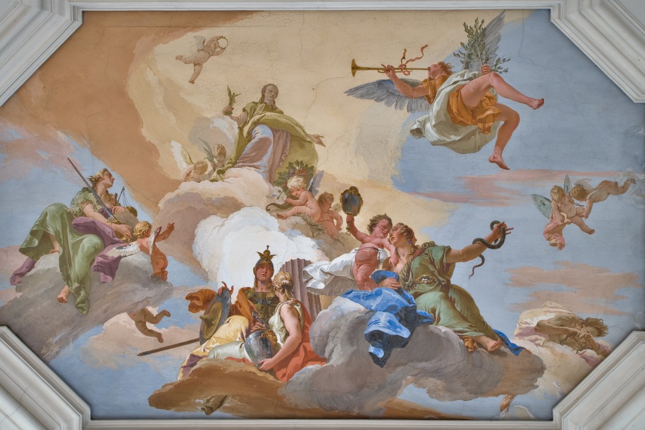 Triomf van Glorie aangekondigd door Faam staande tussen de Kardinale Deugden door Giovanni Battista Tiepolo