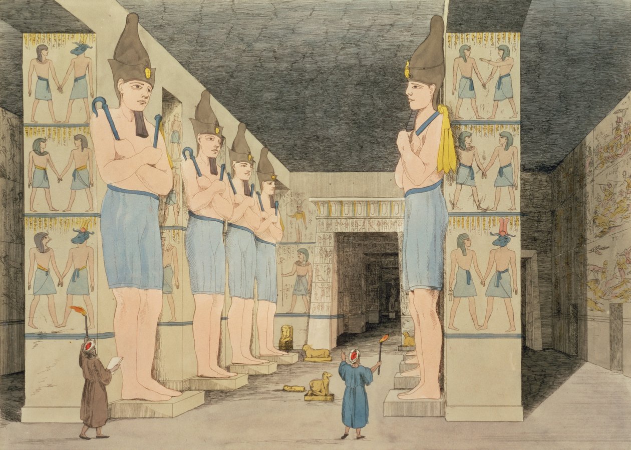 Uitzicht op het interieur van de tempel in Ybsombul, Nubië, ontdekt door Giovanni Belzoni, gegraveerd door Augustine Aglio, plaat 48 uit 