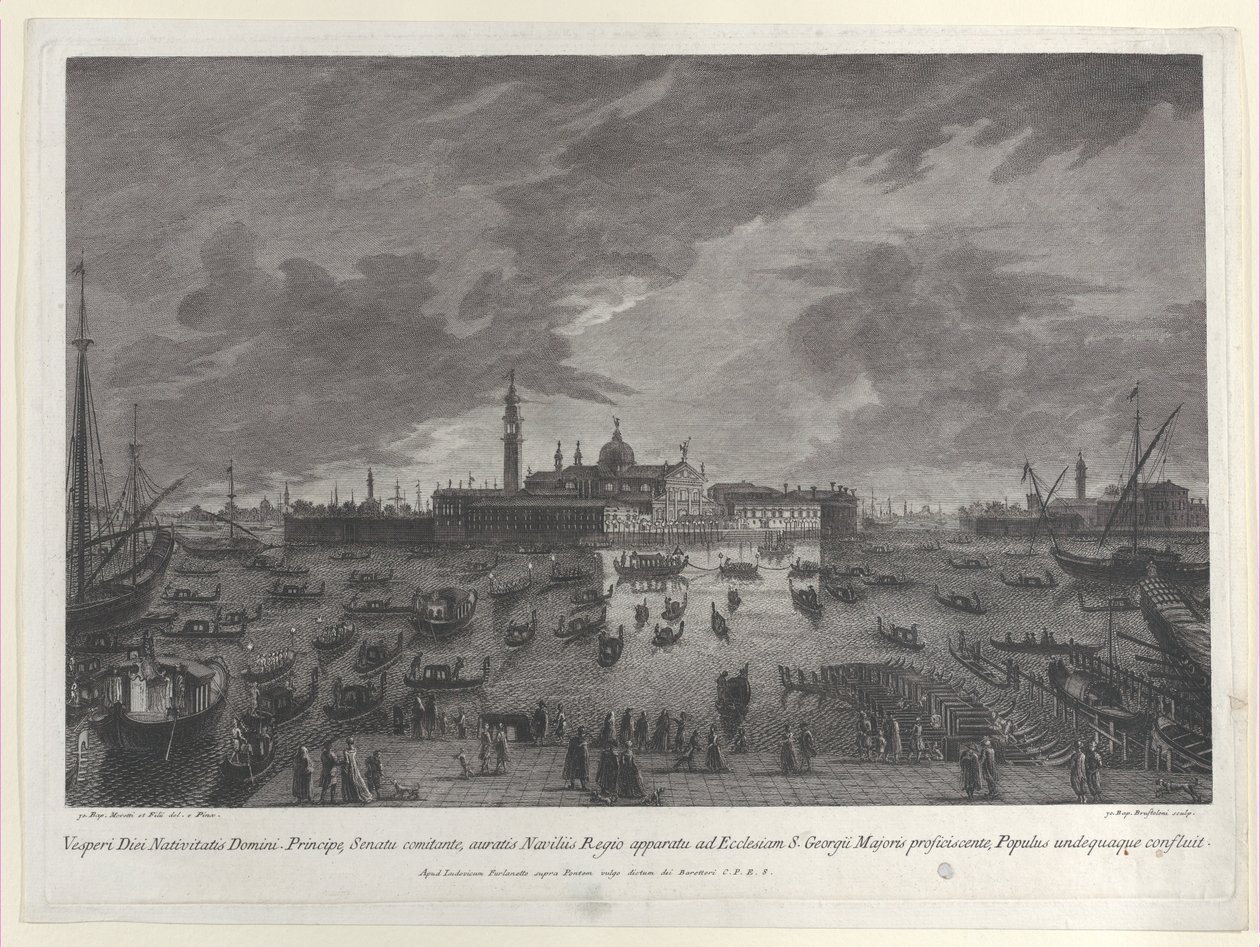 Nachtelijk uitzicht op de processie op kerstavond van de Doge en Venetiaanse Senaat naar San G... door Giovanni Battista Brostoloni