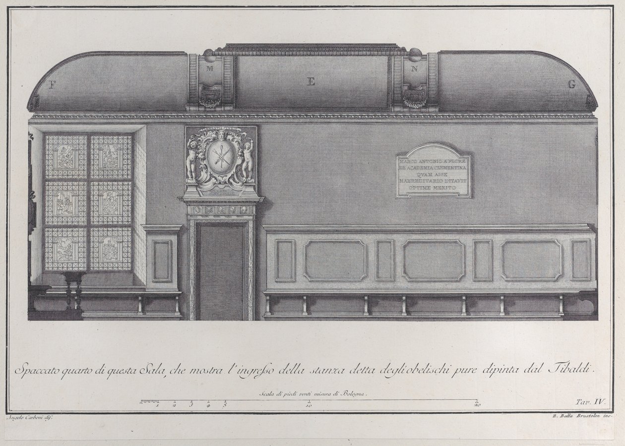 Plaat 4: dwarsdoorsnede van de hal van het Instituut van Bologna, met de ingang naar de r..., 1756 door Giovanni Battista Brostoloni