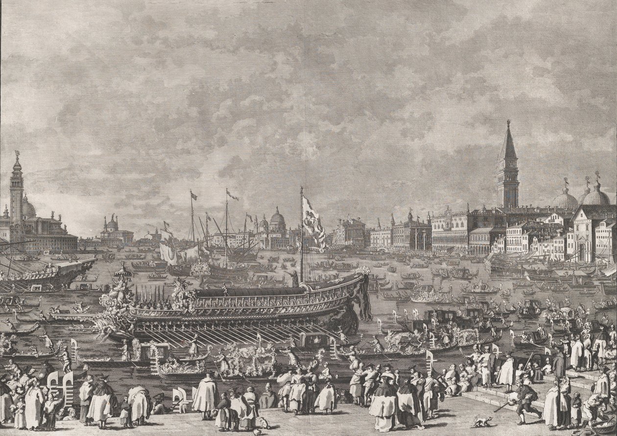 Plaat 5: De Doge in de Bucintoro vertrekt naar de Porto di Lido op Hemelvaartsdag, ca. 1766 door Giovanni Battista Brostoloni
